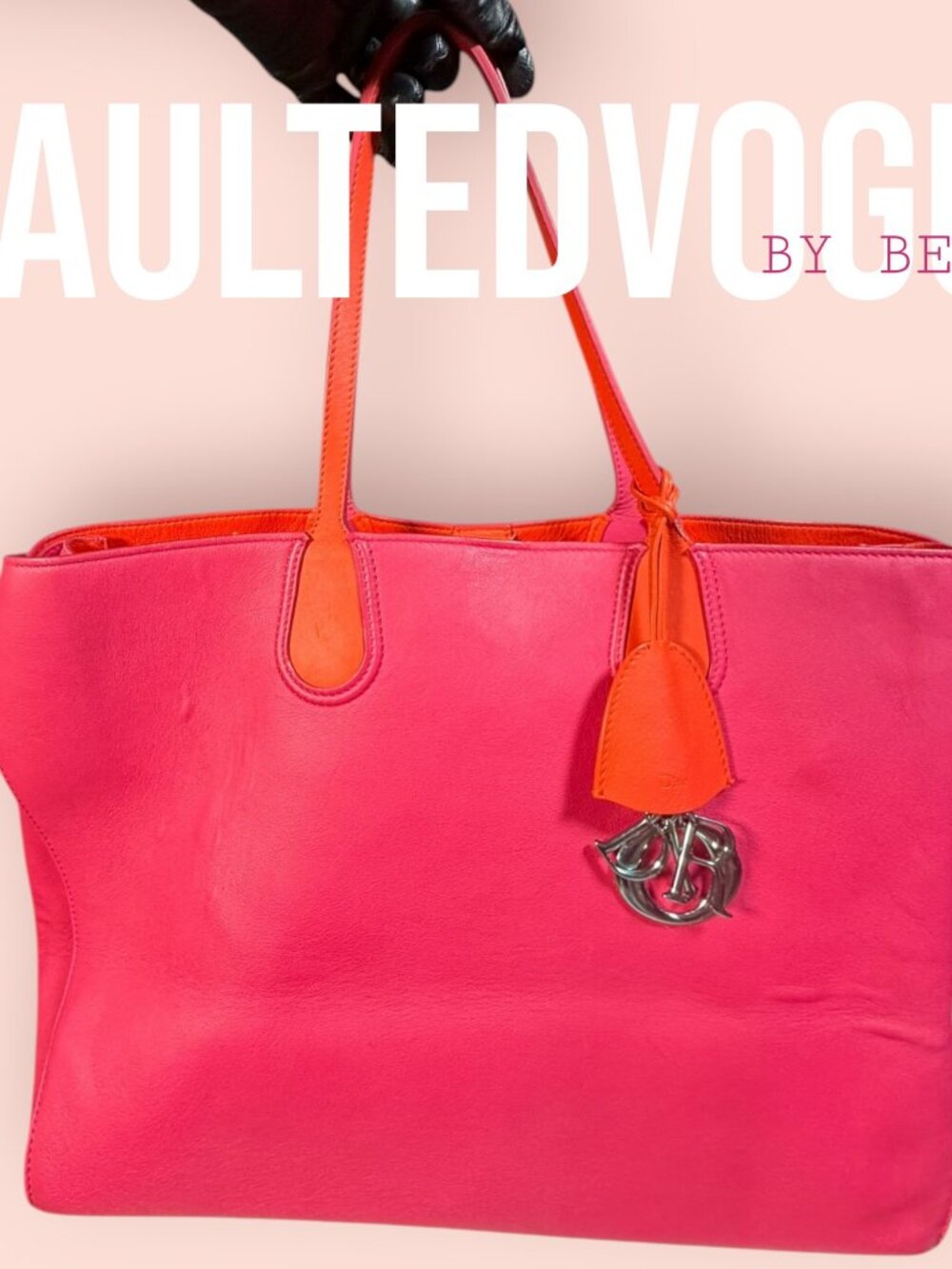 Christian Dior Addict Tote Bag Pink Orange Leather Dior Charm Shoulder Bag Large